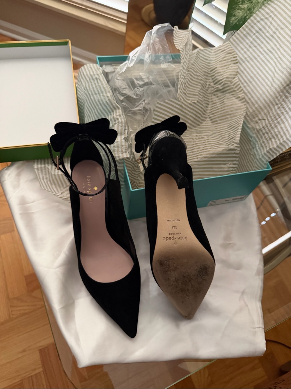 kate spade Black Suede Pointed Bow Ankle-Strap Heels